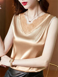 Summer Patchwork V Neck Satin Undershirt for Women