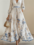 Women's Elegant White V-Neck Print Holiday Style Pleated Dress