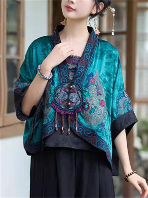 Women's Ethnic Style Embroidered BatWing Sleeve Cardigan Cloak Jacket