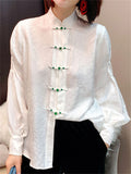 Chinese Style White Jacquard Lantern Sleeve Shirt for Women