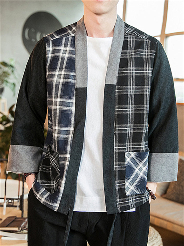 Men's Chinese Zen Style Plaid Patchwork Cardigan Jacket
