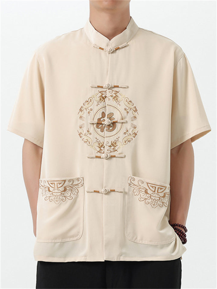 Chinese Style Men's Fuzi Embroidery Stand Collar Half Sleeve Shirts