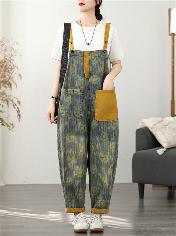 Women's Contrast Color Print Pockets Overall Denim Jumpsuits