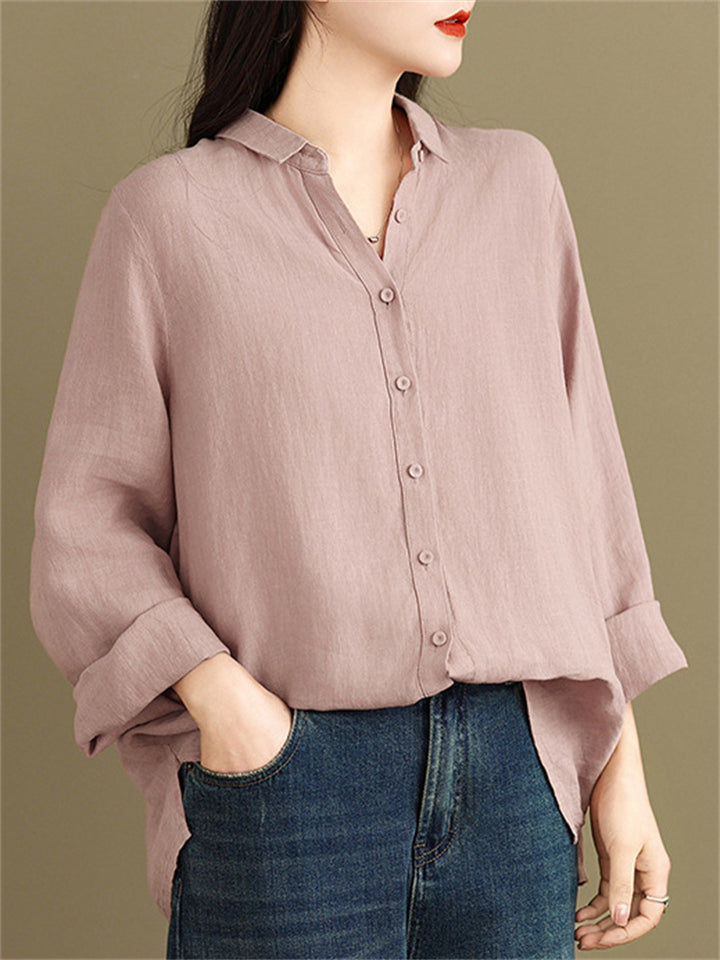 Women's Comfy Solid Color Loose Button Up Long Sleeve Shirt