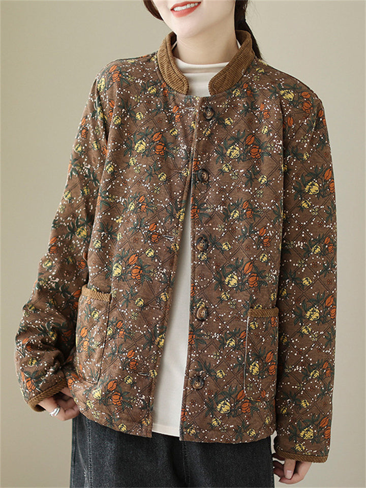 Women's Vintage Stand Collar Button Mini Floral Print Cotton Coat
