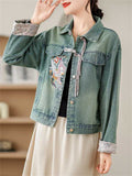 Women's Embroidery Contrast Color Frog Button Denim Jacket
