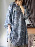 Women's Vintage Loose Ramine Blue Floral Print 3/4 Sleeve Shirts