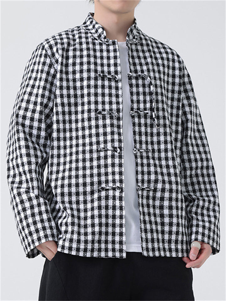 Men's Chinese Style Stand Collar Long Sleeve Linen Plaid Shirt
