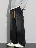 Men Wide Leg Cargo Jeans Vintage Washed Loose Fit Denim Pants