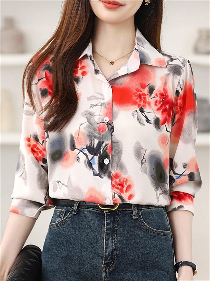 Korean Style Print Lapel Long Sleeve Shirt for Women