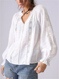 Women's French Style White V-Neck Puffed Sleeve Shirt