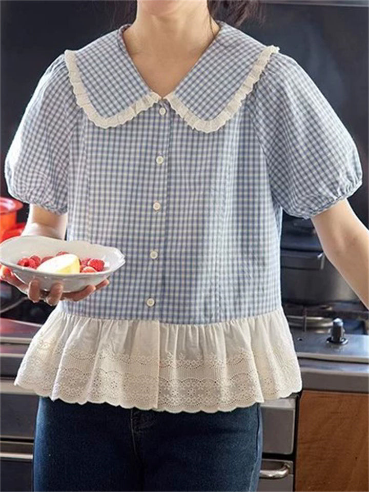 Women's Summer Retro Blue Plaid Lace Patchwork Short Sleeve Shirts