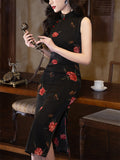 Lady Oriental Style Vintage Sleeveless Flower Print Split Cheongsam Dresses