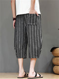 Men's Cotton Linen Stripe Drawstring Capri Pants