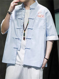 Men's Lotus Embroidery Tang Suit Short Sleeve Stand Collar Shirts