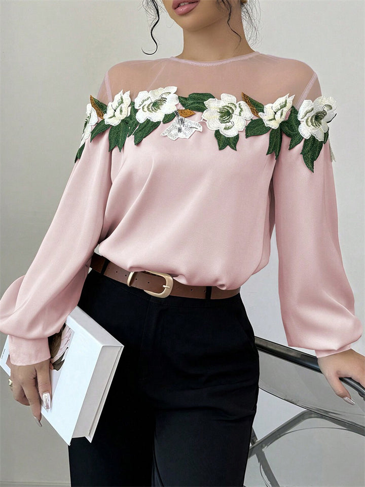 Women's Pink Mesh Patchwork Embroidered Long Sleeve Shirts