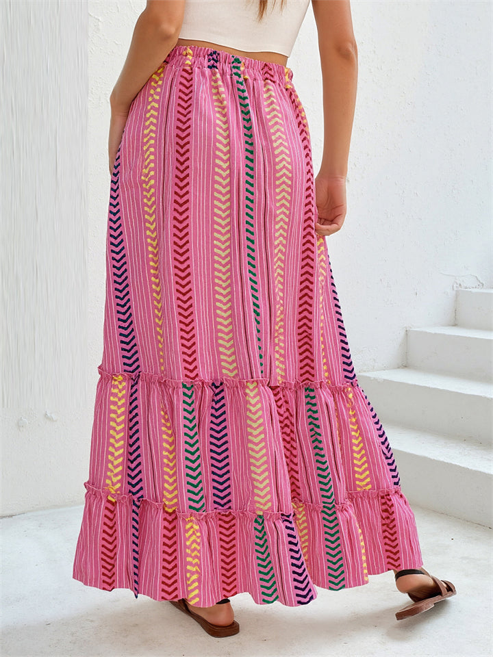 Summer Boho A-Line Contrast Color Elastic Waist Skirts for Women