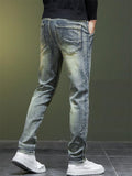 Men Vintage Wash Jeans Slim Fit Straight Leg Denim Pants