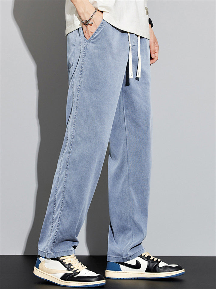 Mens Summer Casual Baggy Straight Leg Drawstring Streetwear Denim Pants