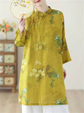 Women's Chinese Style Yellow Printed Slant Placket Qipao Shirts