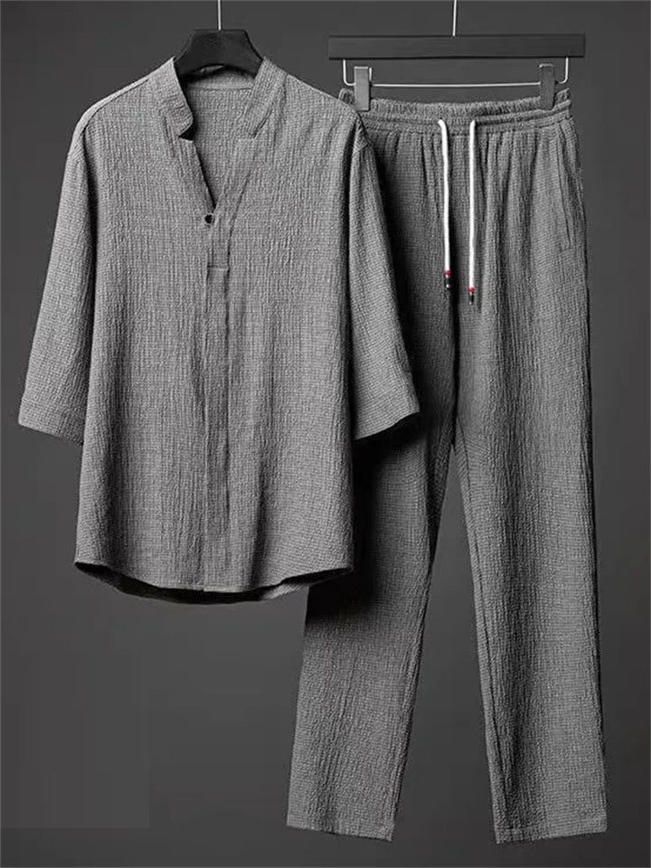 Men's 2Pcs V Neck Stand Collar Half Sleeve Solid Color Outfits