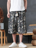 Mens Japanese Style Holiday Printed Wide Leg Cropped Summer Pants