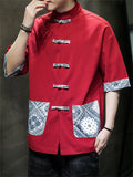 Men's Ethnic Printed Patch Pocket Half Sleeve Tang Suit Shirt