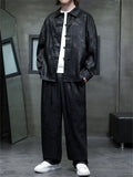 Oriental Leaf Pattern Lapel Shirt and Loose Elastic Waist Pants Set for Men