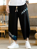 Men's Japanese Style Patchwork Drawstring Cotton Linen Wide Leg Capri Pants