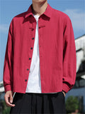 Chinese Style Solid Color Lapel Long Sleeve Shirts for Men