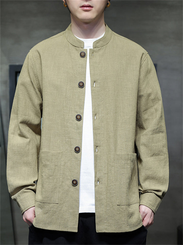 Men's Ramine Cotton Solid Color Stand Collar Fleece Lined Jacket