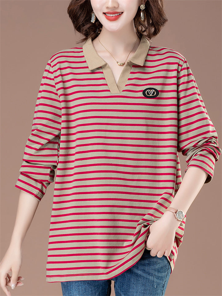 Women's Loose Cotton Stripe Long Sleeve Shirts