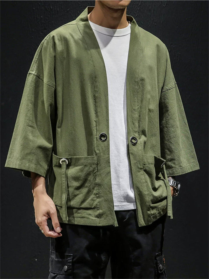 Men Japanese Style Linen Blend Open Front Cardigan Jacket