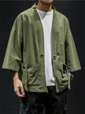 Men Japanese Style Linen Blend Open Front Cardigan Jacket