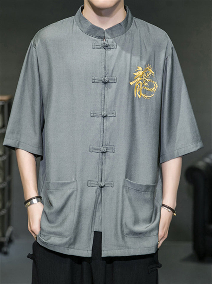 Men's Retro Cool Comfy Hanzi Loong Embroidery Button Up Shirt