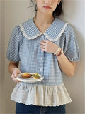 Women's Summer Retro Blue Plaid Lace Patchwork Short Sleeve Shirts