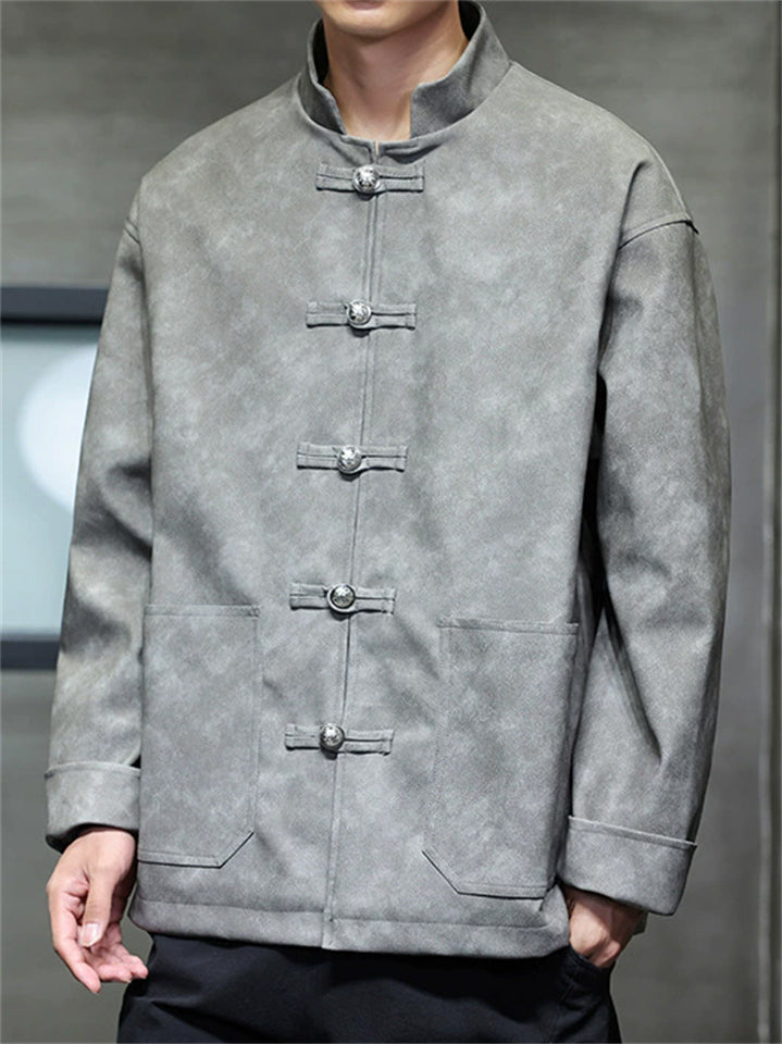 Men's Faux Leather Frog Button Kung Fu Tang Suit Mandarin Jackets