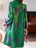 Chinese Style Green Jacquard Lapel Long Sleeve Dress for Women
