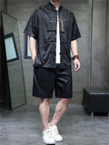 Men's 2Pcs Summer Jacquard Stand Collar Short Sleeve Solid Color Outfits
