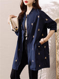 Women's Bear Embroidered Baseball Collar Long Sleeve Jacket