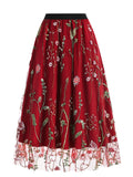 Retro Embroidery Mesh Elastic Waist Skirts for Women