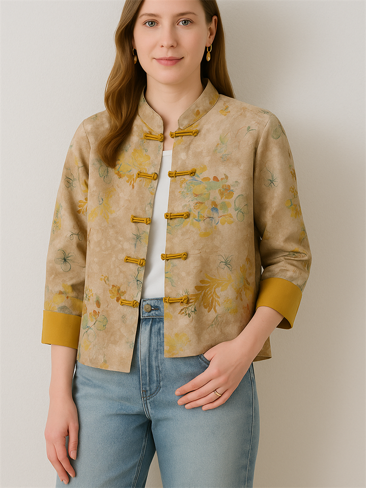 Women's Stand Collar Contrast Color Flowers Print Tang Suit Jacket