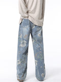High Street Flowers Print Wide Leg Straight Denim Pants for Men