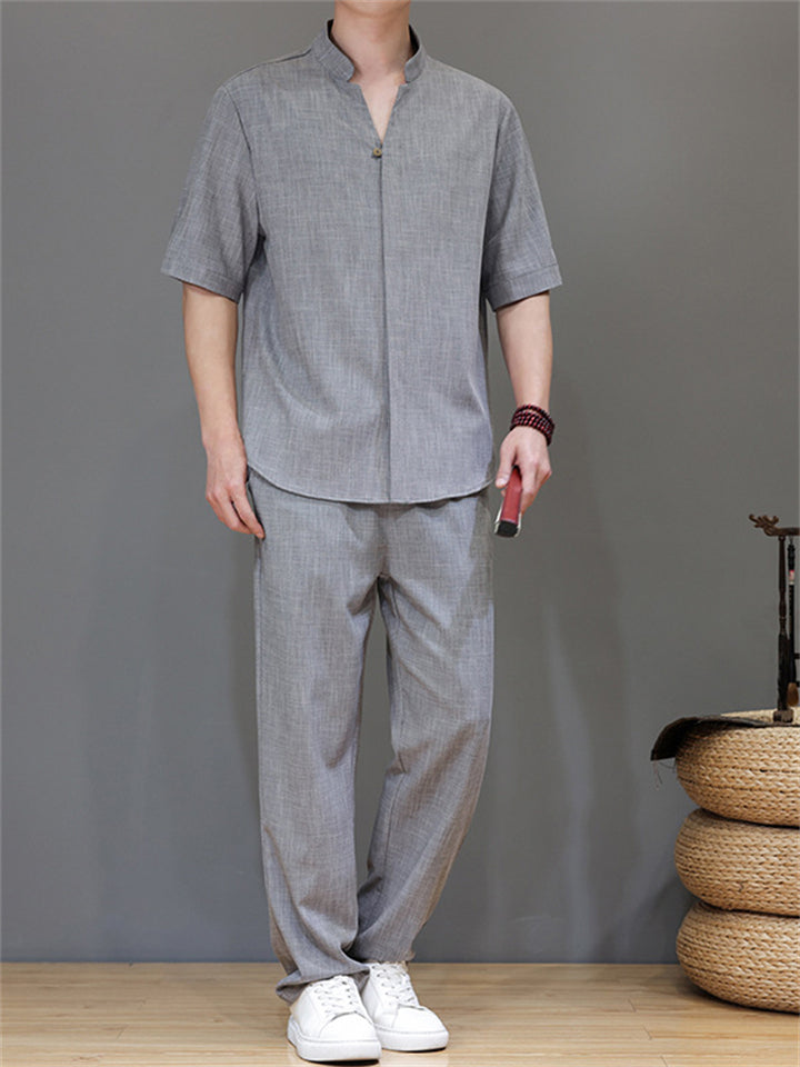 Men's 2Pcs Comfy Stand Collar V Neck Short Sleeve Solid Color Outfits