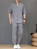 Men's 2Pcs Comfy Stand Collar V Neck Short Sleeve Solid Color Outfits