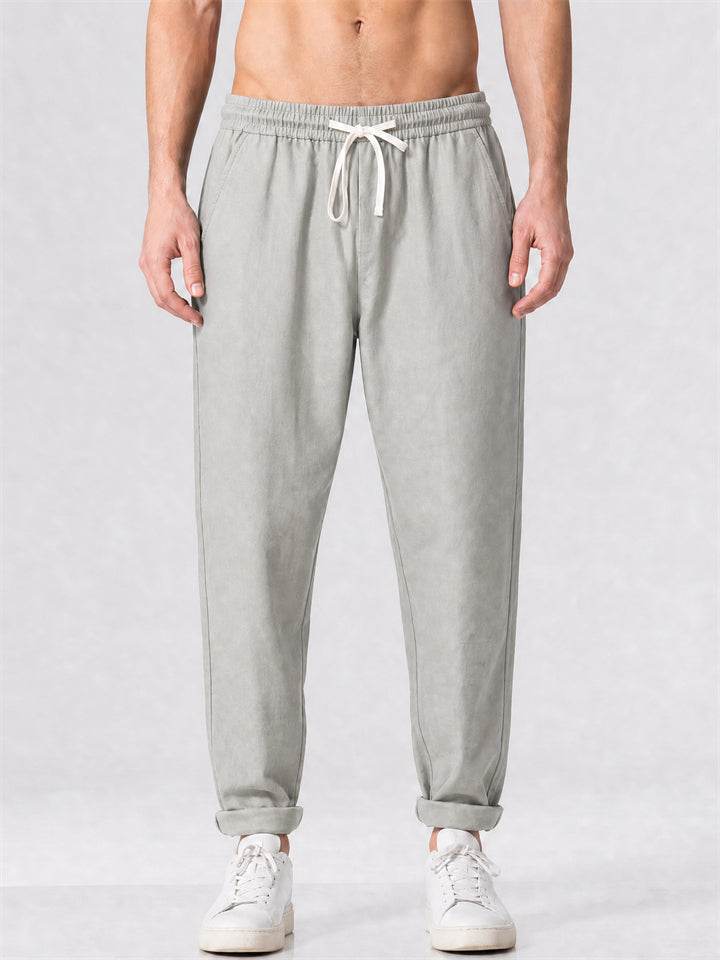 Men Cotton Linen Drawstring Elastic Waist Joggers Tapered Pants