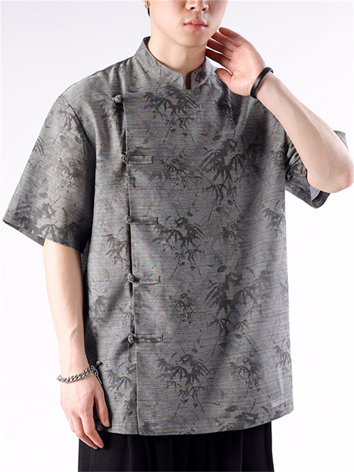 Summer Men's Slant Placket Bamboo Print Short Sleeve Shirts