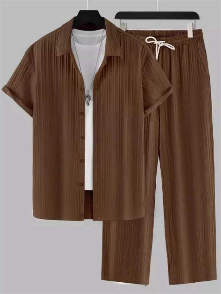 Men's 2Pcs Summer Stripe Single Breasted Lapel Solid Color Outfits