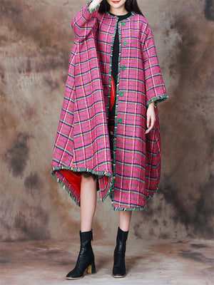 Casual Loose Fit Winter Pink Plaid Coats for Ladies
