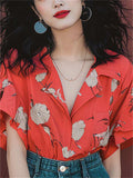 Female Summer Red Floral Print V-Neck Ruffled Sleeve Shirt